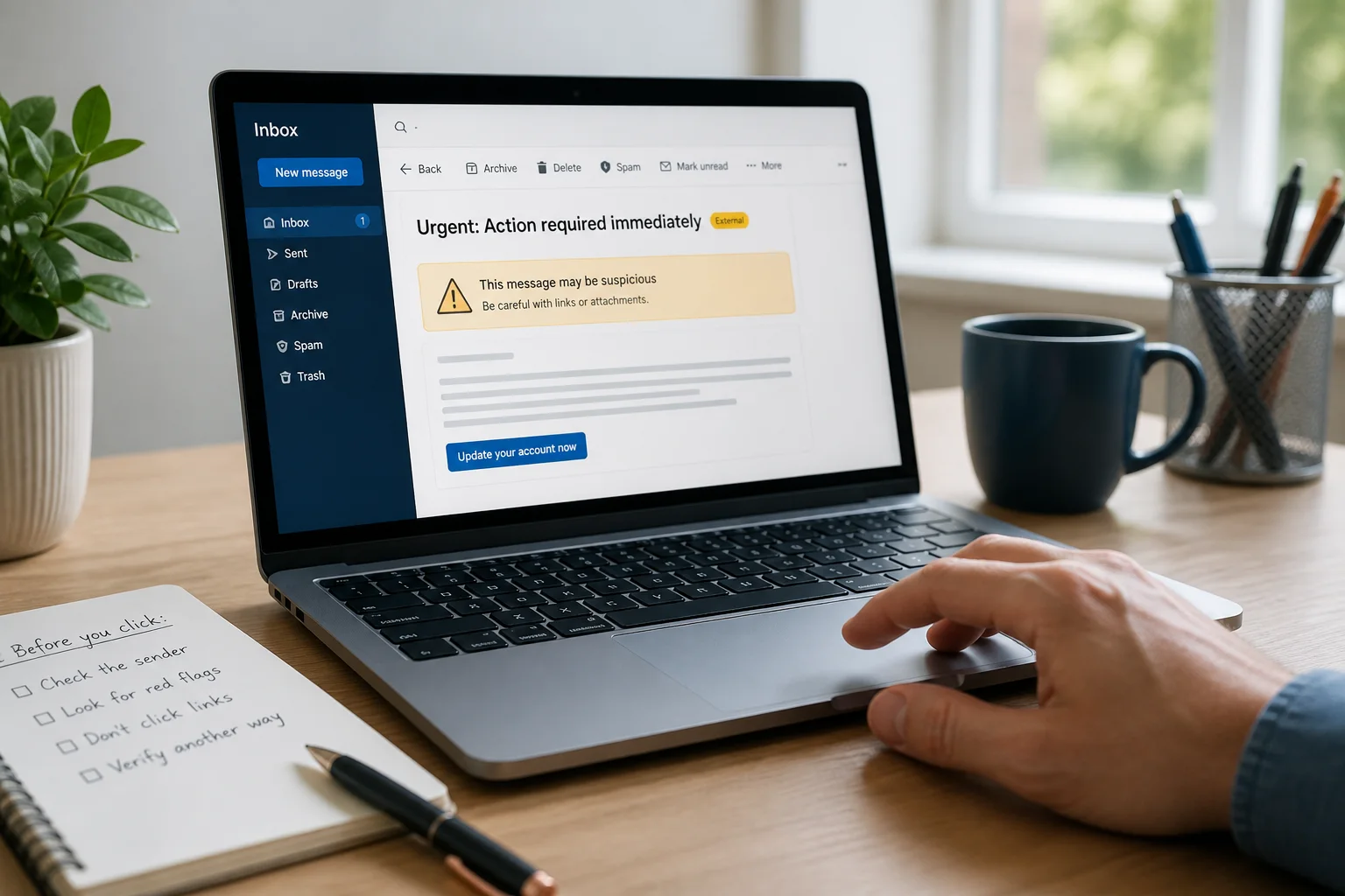 A person pauses before clicking a suspicious urgent email on a laptop
